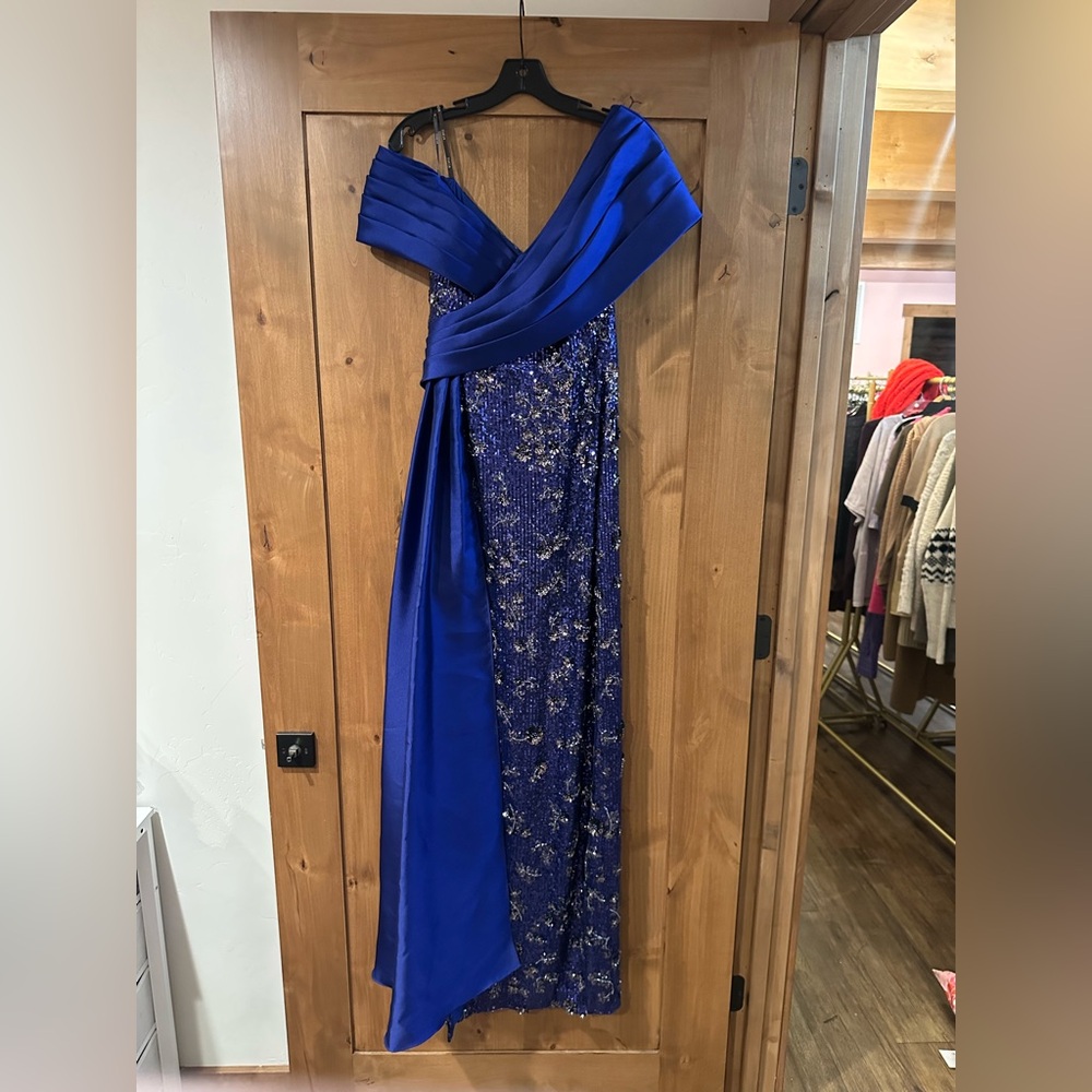Theia Kelly Royal Blue One-Shoulder Evening Gown with Sequin Detail